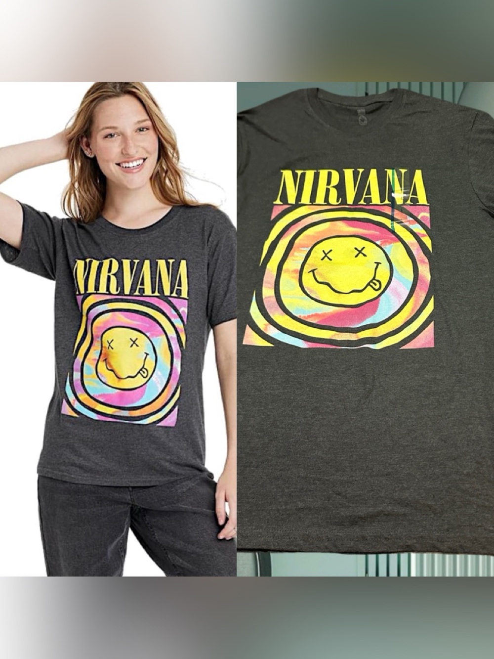 NIRVANA  Women’s Charcoal Tee with Neon Swirl Smiley L